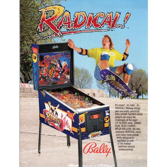 1990 Bally Radical Pinball Machine Flyer Skateboarding Arcade Promo - Picture 1 of 2